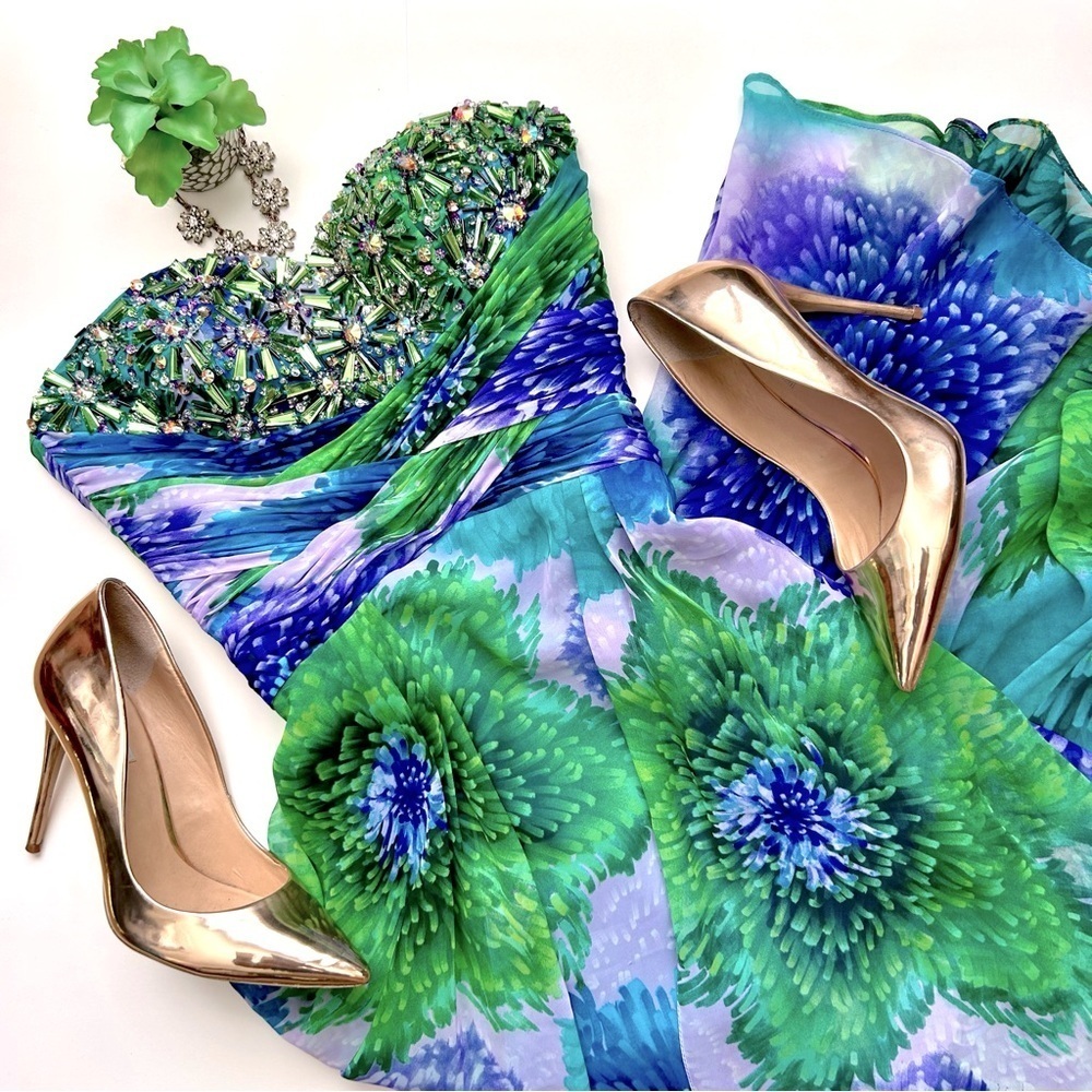Tony Bowls Paris Watercolor Sequin Rhinestone Strapless Gown Prom Dress Size 2
